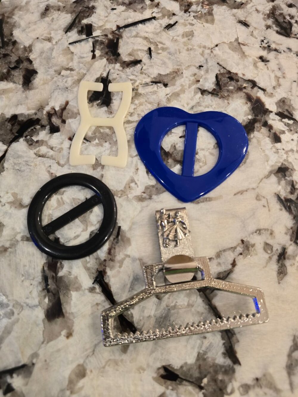 Vintage Belt Buckles & Scarf Sliders Lot Set 4 Pieces Metal Resin Heart Round